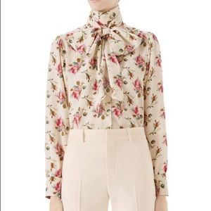 Gucci rose print silk tie neck blouse